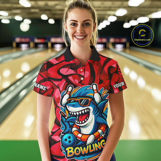 Funny Red Camo Shark Women Bowling Polo, Quarter Zip Shirts Custom Team Shark Bowling Outfit Jersey NQS10076