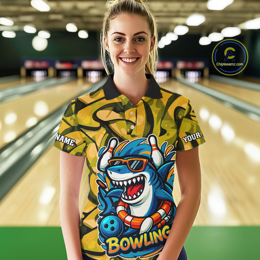 Funny Yellow Camo Shark Women Bowling Polo, Quarter Zip Shirt Custom Team Shark Bowling Outfit Jersey NQS10077