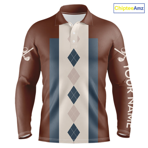 Brown Argyle Pattern Mens Golf Polo Shirts Custom Vintage Style For Golf Lovers Gift For Men NQS10233