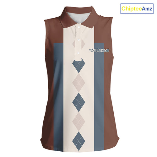 Brown Argyle Pattern Women Sleeveless Polo Shirt Custom Vintage Style For Golf Lovers Gift For Ladies NQS10233