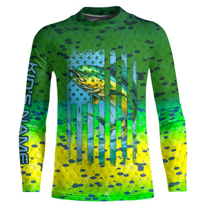 Mahi mahi ( Dorado) fishing American flag green mahi mahi scales Customized Long Sleeve Fishing Shirts NQS2182