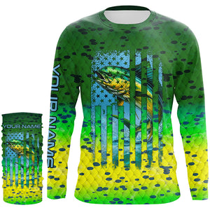 Mahi mahi ( Dorado) fishing American flag green mahi mahi scales Customized Long Sleeve Fishing Shirts NQS2182