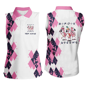 Womens sleeveless polo shirt custom name pink argyle pattern birdie queen white golf outfit for women NQS6096