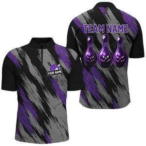 Black and purple camo Halloween Men Bowling Polo, Quarter zip shirt custom bowling Team jerseys NQS8202