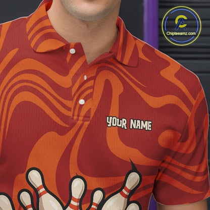 Orange camo flame Bowling polo, quarter zip shirts for men custom Halloween Bowling team jerseys NQS10395
