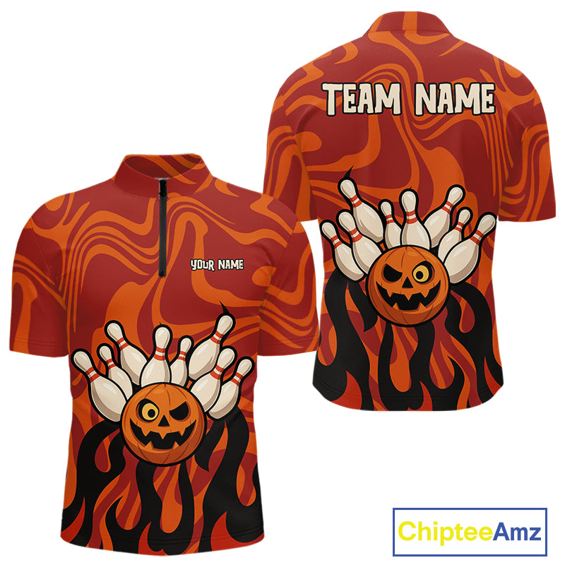 Orange camo flame Bowling polo, quarter zip shirts for men custom Halloween Bowling team jerseys NQS10395