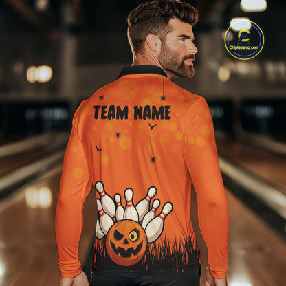 Custom Funny orange Bowling Team Shirt Halloween Polo & Quarter-Zip Bowling Jersey for Men NQS10396
