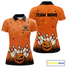 Load image into Gallery viewer, Custom Funny orange Bowling Team Shirt Halloween Polo &amp; Quarter-Zip Bowling Jersey for Women NQS10396
