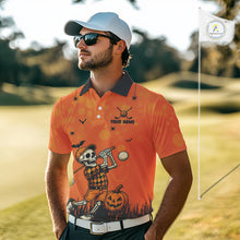 Load image into Gallery viewer, Custom Funny orange Golf skull Halloween Mens golf polo shirt, Personalized Halloween golf outfit NQS10397