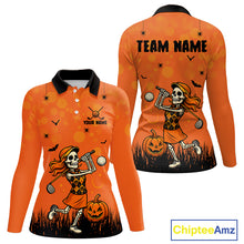Load image into Gallery viewer, Custom Funny orange Golf skull Halloween Women golf polo shirt, Personalized Halloween golf outfit NQS10397