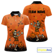 Load image into Gallery viewer, Custom Funny orange Golf skull Halloween Women golf polo shirt, Personalized Halloween golf outfit NQS10397