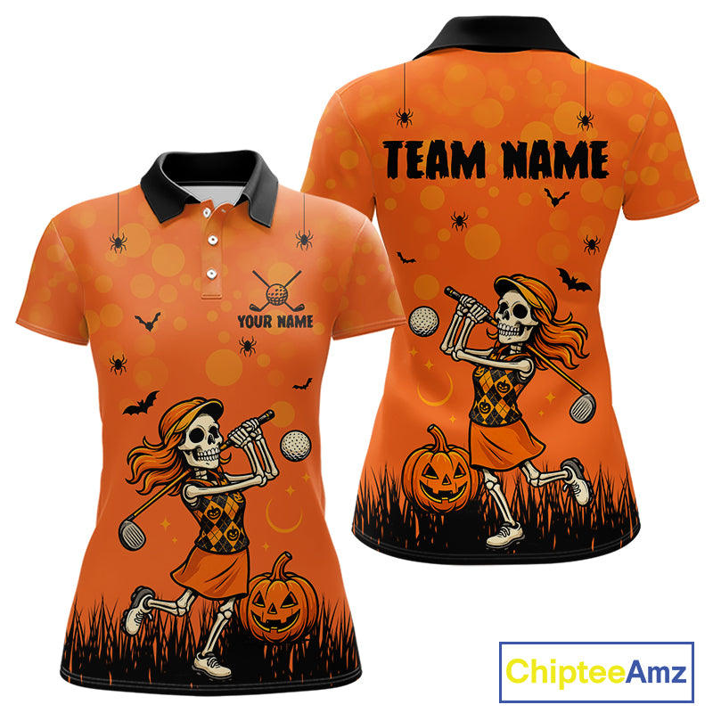 Custom Funny orange Golf skull Halloween Women golf polo shirt, Personalized Halloween golf outfit NQS10397