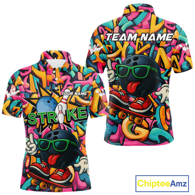 Funny colorful graffiti pattern Bowling Team Polo, 1/4 Zip Shirt For Men Custom Mens Bowling Jersey NQS10823