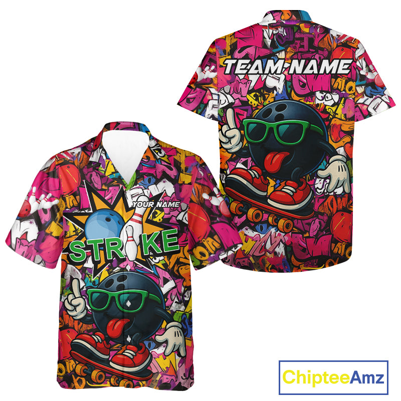 Funny pink graffiti pattern Bowling Team Hawaiian shirt Custom Bowling Button up shirt NQS10824