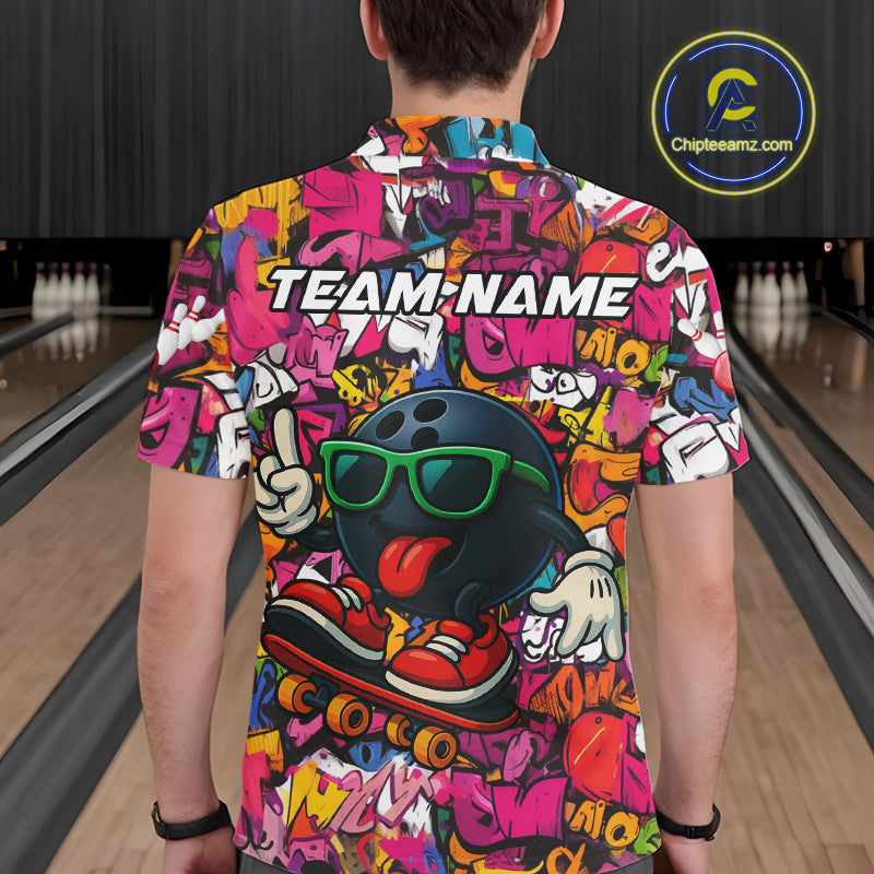 Funny pink graffiti pattern Bowling Team Polo, 1/4 Zip Shirt For Men Custom Mens Bowling Jersey NQS10824
