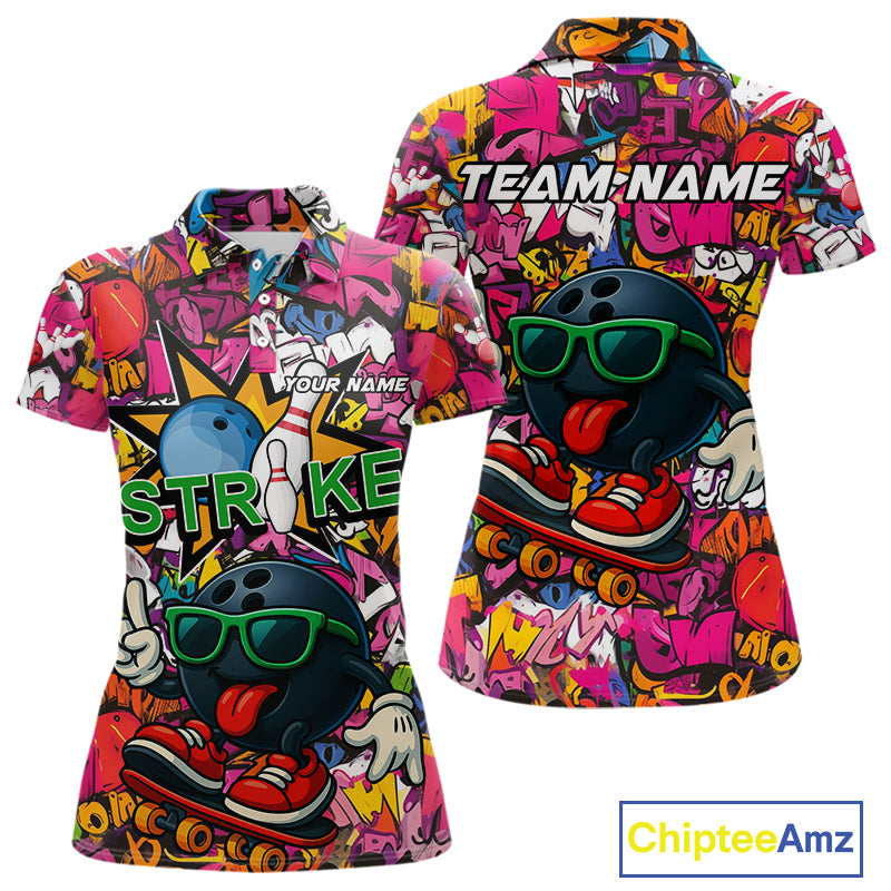 Funny pink graffiti pattern Bowling Team Shirt For Women Custom Ladies Bowling Jersey NQS10824