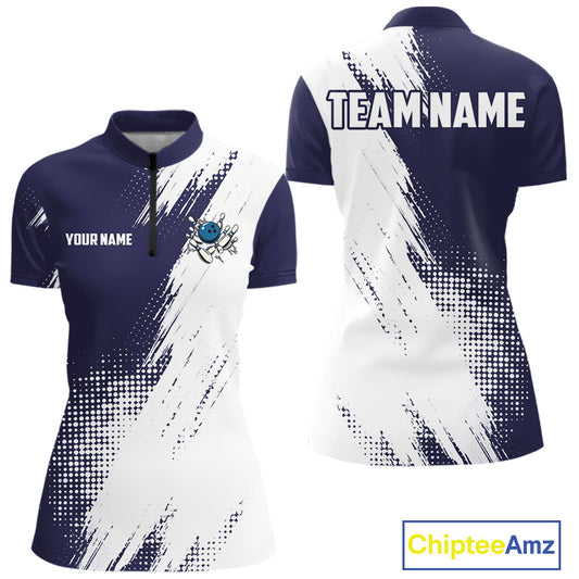 Custom Blue and White Strike Bowling Shirts Women Polo, 1/4 Zip Bowling Team Jerseys Bowling League NQS10826