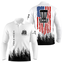 Load image into Gallery viewer, Black and White American flag Mens disc golf polo shirts custom patriotic disc golf basket team outfit NQS9127