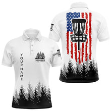 Load image into Gallery viewer, Black and White American flag Mens disc golf polo shirts custom patriotic disc golf basket team outfit NQS9127