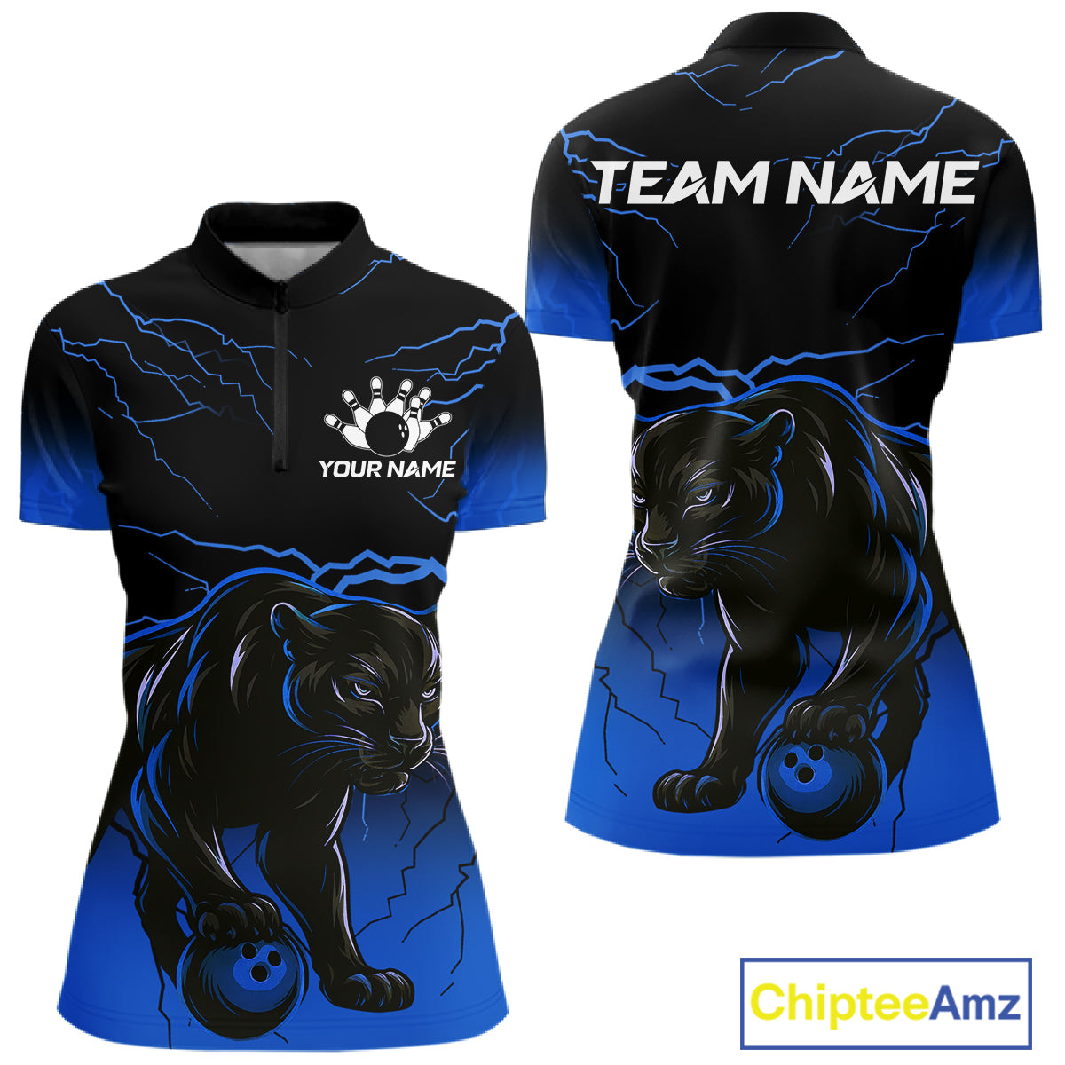 Black and Blue Lightning Thunder Panther Bowling Team Shirts For Women Custom Panther Bowling Jerseys NQS11205