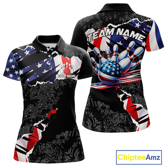 Custom bowling polo shirts, 1/4 zip shirts for Women, US Flag patriotic team bowling league shirts NQS11409