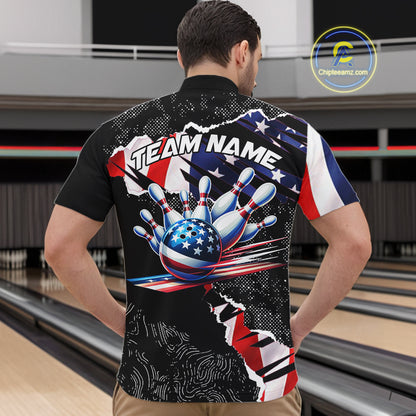 Custom bowling polo shirts, 1/4 zip shirts for men, US Flag patriotic team bowling league shirts NQS11409