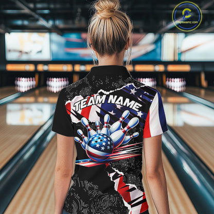 Custom bowling polo shirts, 1/4 zip shirts for Women, US Flag patriotic team bowling league shirts NQS11409