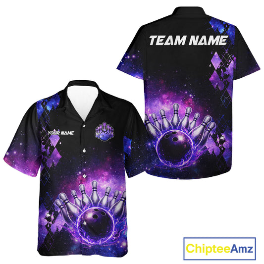 Purple Flame galaxy argyle Custom button-up bowling shirts, team bowling league jerseys NQS11410