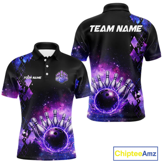 Purple Flame galaxy argyle Custom bowling polo shirts, 1/4 zip for men, team bowling league jerseys NQS11410