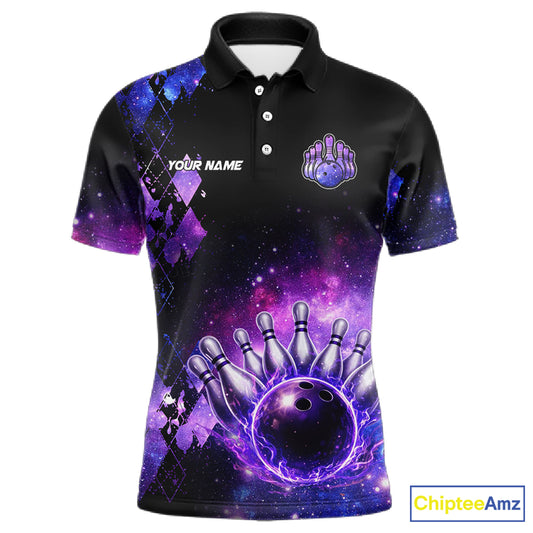 Purple Flame galaxy argyle Custom bowling polo shirts, 1/4 zip for men, team bowling league jerseys NQS11410