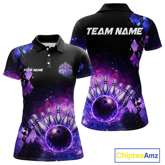 Purple Flame galaxy argyle Custom bowling polo shirts, 1/4 zip for women, team bowling league jerseys NQS11410