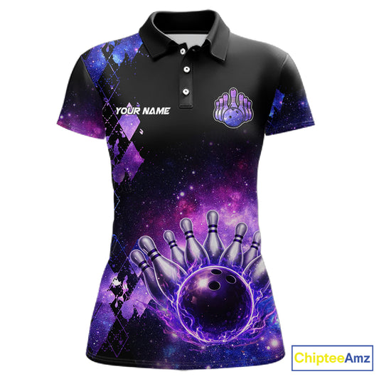 Purple Flame galaxy argyle Custom bowling polo shirts, 1/4 zip for women, team bowling league jerseys NQS11410
