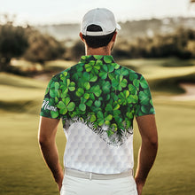 Load image into Gallery viewer, Mens golf polo shirts custom Green clover golf pattern white St Patrick Day golf attire for mens NQS9473