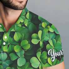 Load image into Gallery viewer, Mens golf polo shirts custom Green clover golf pattern white St Patrick Day golf attire for mens NQS9473