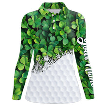 Load image into Gallery viewer, Womens golf polo shirts custom Green clover golf pattern white St Patrick Day golf attire for ladies NQS9473