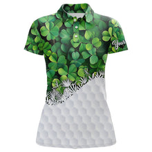 Load image into Gallery viewer, Womens golf polo shirts custom Green clover golf pattern white St Patrick Day golf attire for ladies NQS9473