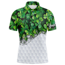 Load image into Gallery viewer, Mens golf polo shirts custom Green clover golf pattern white St Patrick Day golf attire for mens NQS9473