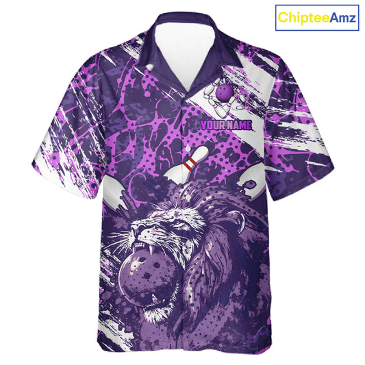 Purple Camo Lion Bowling Hawaiian Shirt Custom Lion Team Bowling Jerseys, Bowler Outfit NQS11604