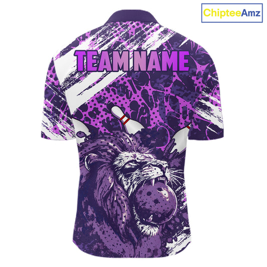 Purple Camo Lion Bowling Polo, 1/4 Zip Shirts for Men Custom Lion Team Bowling Jerseys, Bowler Outfit NQS11604
