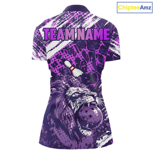 Purple Camo Lion Bowling Polo, 1/4 Zip Shirts for Women Custom Lion Team Bowling Jerseys, Bowler Outfit NQS11604