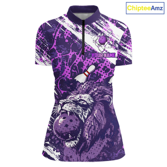 Purple Camo Lion Bowling Polo, 1/4 Zip Shirts for Women Custom Lion Team Bowling Jerseys, Bowler Outfit NQS11604