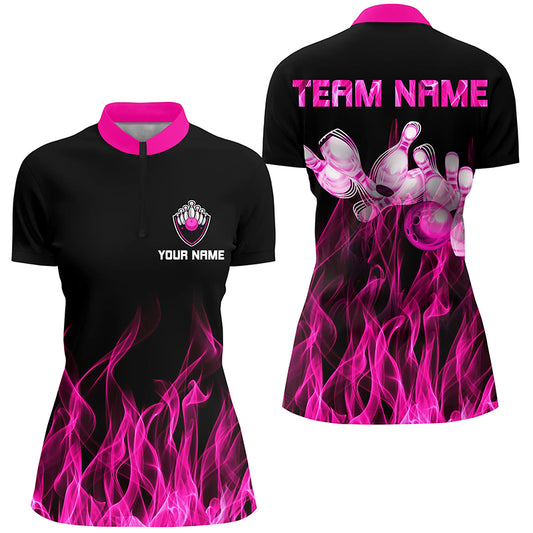 Custom Black Pink bowling shirt for women – personalized team jersey front view