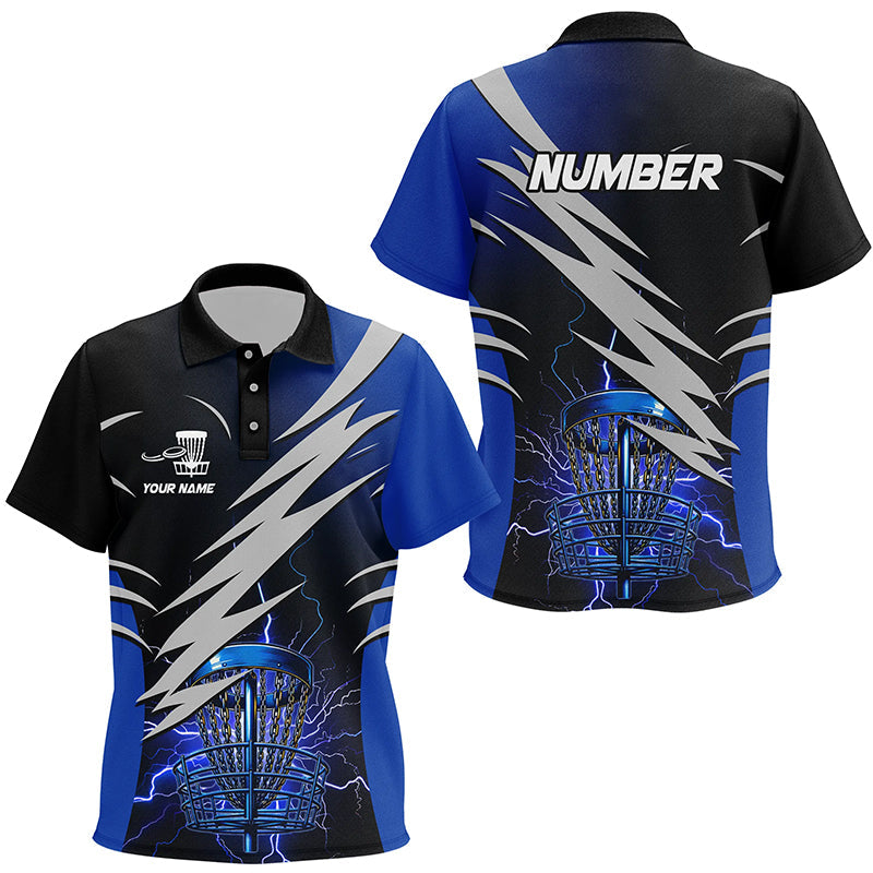 Kid disc golf polo shirts custom blue lightning thunder disc golf basket frisbee golf attire NQS8006