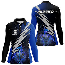 Load image into Gallery viewer, Womens disc golf polo shirts custom blue lightning thunder disc golf basket frisbee golf attire NQS8006