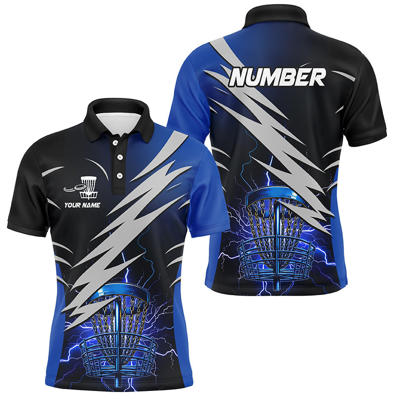 Mens disc golf polo shirts custom blue lightning thunder disc golf basket frisbee golf attire NQS8006