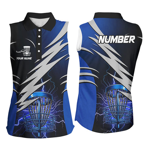 Women sleeveless polo shirts custom blue lightning thunder disc golf basket frisbee golf attire NQS8006