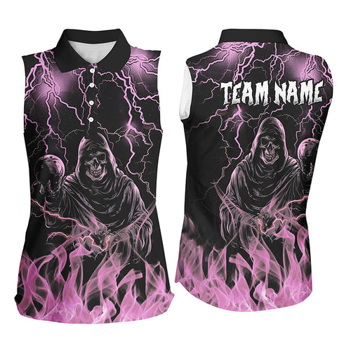 Pink lightning thunder Skull Flame Bowling sleeveless Polo Shirts custom bowling team league jerseys NQS8008