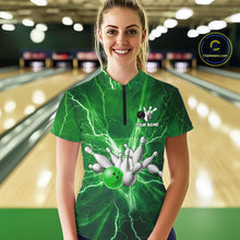 Load image into Gallery viewer, Women&#39;s Bowling Shirts Custom Green Lightning Thunder Bowling Team Jersey, gift for team Bowlers NQS10602