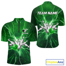 Load image into Gallery viewer, Men&#39;s Bowling Shirts Custom Green Lightning Thunder Bowling Team Jersey, gift for team Bowlers NQS10602