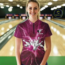 Load image into Gallery viewer, Women&#39;s Bowling Shirts Custom Pink Lightning Thunder Bowling Team Jersey, gift for team Bowlers NQS10603